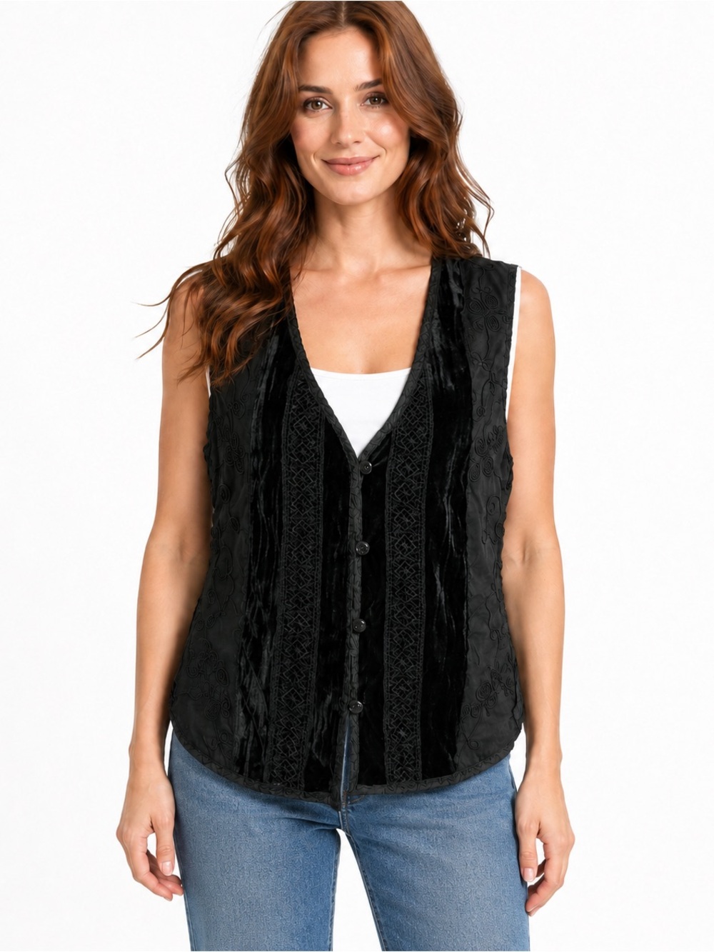 White Stag Black Embroidered Velvet Vest Women’s M 8/10 Boho Button Front Y2K